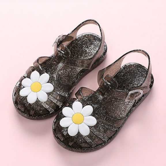 naisibaby Summer Toddler Girls Cute Fruit Jelly Colors Shoes, Kids Hollow Out Non-slip Soft Sole Beach Roman Sandals Black 3-4T