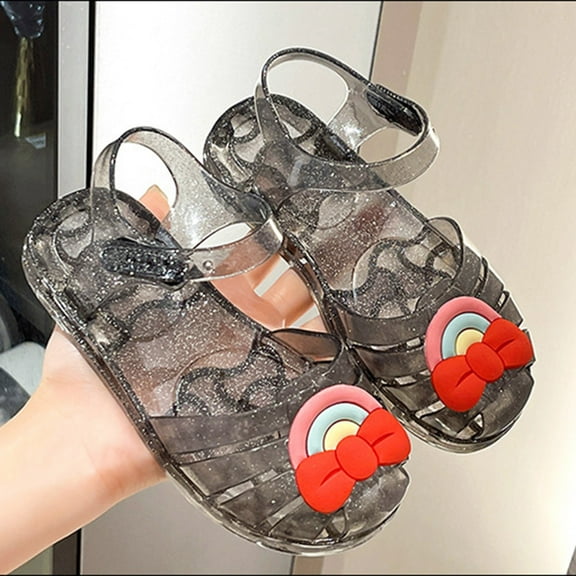 naisibaby Summer Toddler Girls Cute Fruit Jelly Colors Shoes, Kids Hollow Out Non-slip Soft Sole Beach Roman Sandals Black 5-6T