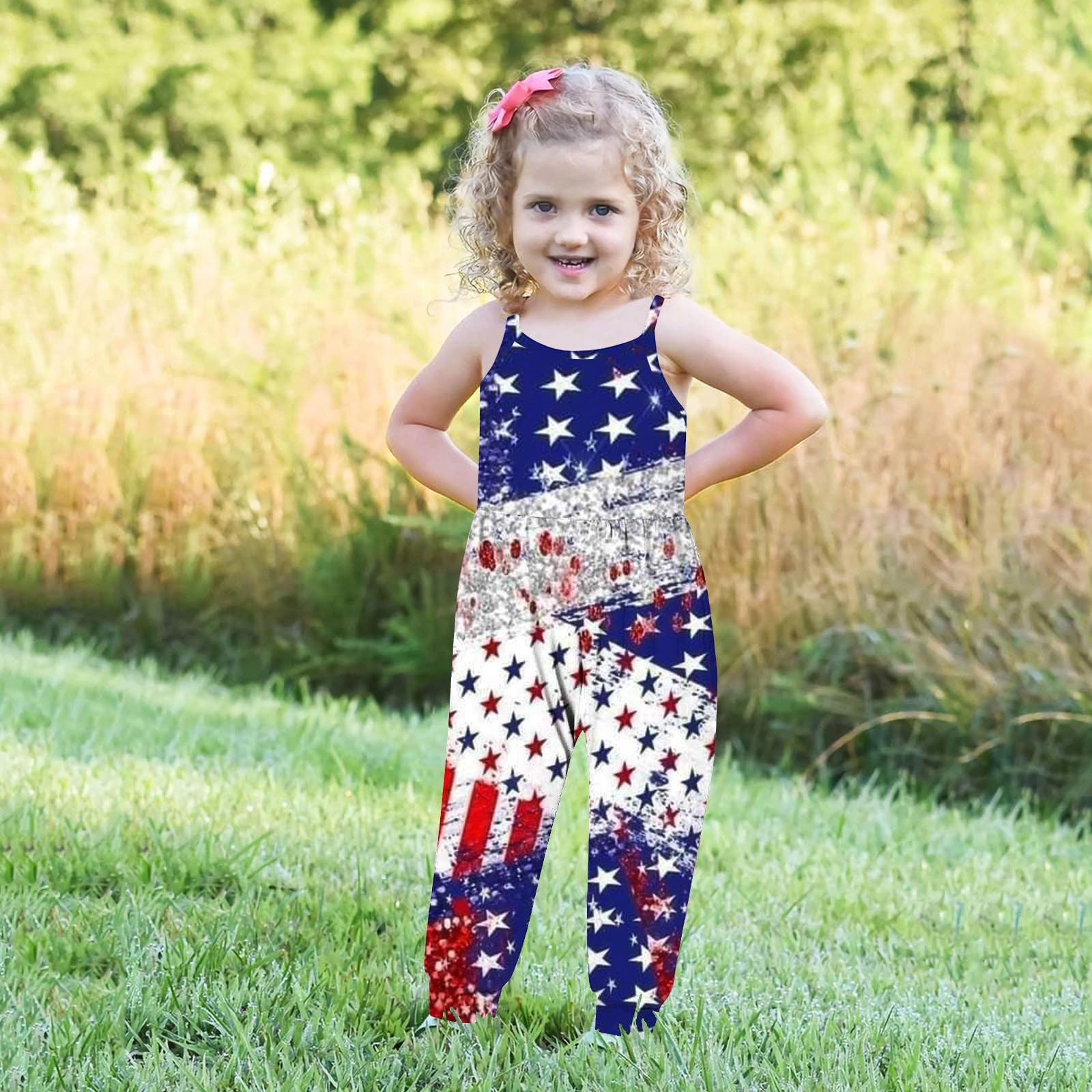 BOOMNY Toddler Baby Girls July 4th Romper Jumpsuit Sleeveless Patriotic Independence Day Usa Flag Star Striped Prints Ruffled Romper Soft 4th July Su