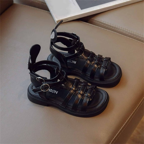 naisibaby Toddler Baby Girls Cute Weave Hollow Out Shoes, Kids Non-slip Soft Sole Beach Roman Sandals Black 11-12T