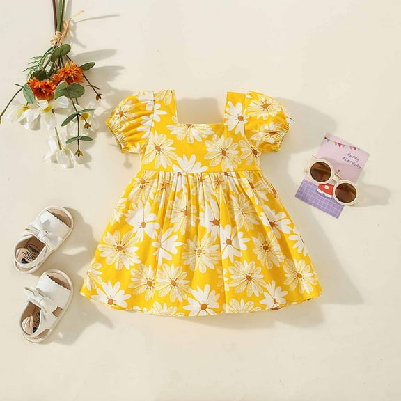 naisibaby Toddler Baby Girls Summer Cute Printed Skirt, Strap Sleeveless Cotton Dress Yellow 2-3T