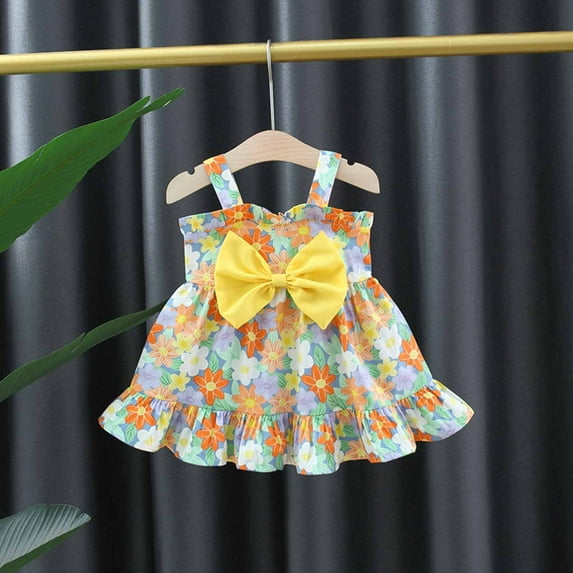 naisibaby Toddler Baby Girls Summer Cute Printed Skirt, Strap Sleeveless Cotton Dress Yellow 6-12 Months