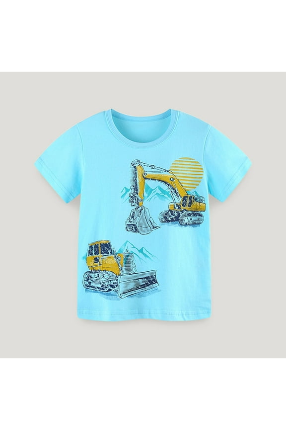 Toddler Boys Crewneck Short Sleeve, Summer Printed Kids Tops Cotton Daily Casual Tees Blue 6T
