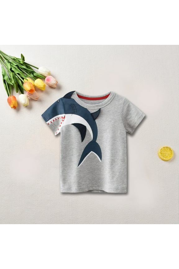 Toddler Boys Crewneck Short Sleeve, Summer Printed Kids Tops Cotton Daily Casual Tees Gray 1T