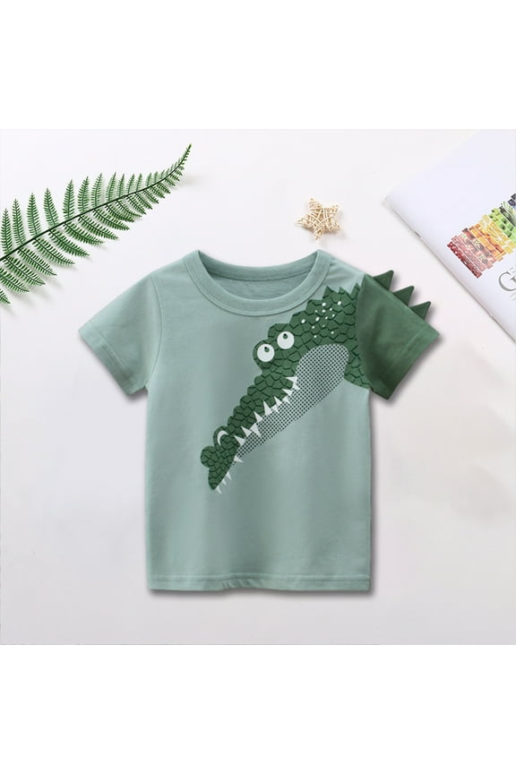 Toddler Boys Crewneck Short Sleeve, Summer Printed Kids Tops Cotton Daily Casual Tees Green 6T