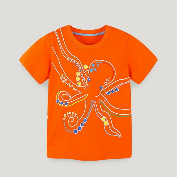 naisibaby Toddler Boys Crewneck Short Sleeve, Summer Printed Kids Tops Cotton Daily Casual Tees Orange 7T