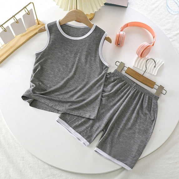 naisibaby Toddler Boys Girls Crew Neck Outfits, Kids Solid Color Sleeveless T-Shirt Shorts Cotton Unisex Sets Dark Gray 2 T