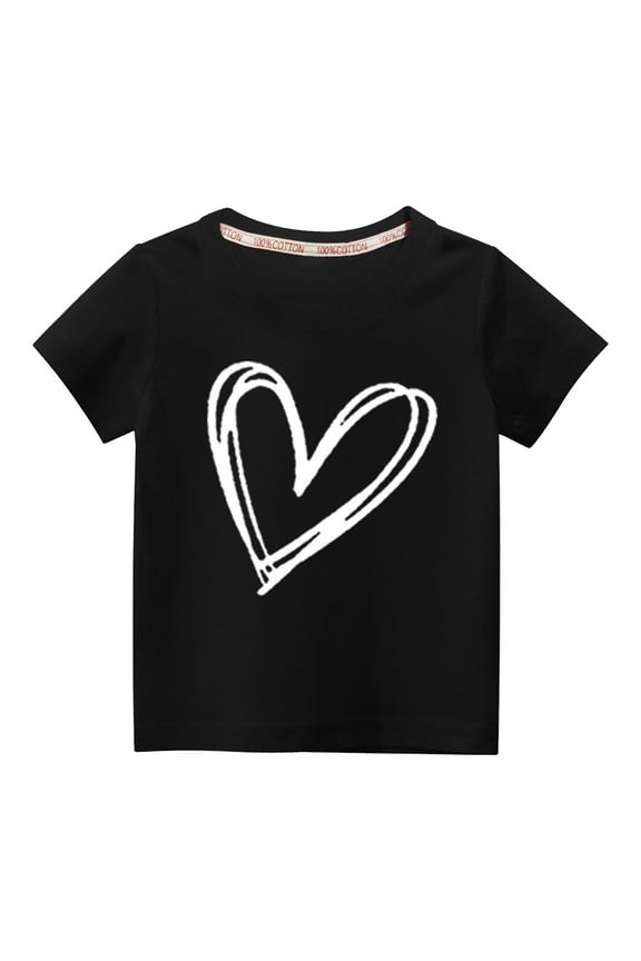 Toddler Boys Girls Fashion Cute Solid Color Round Neck T-Shirt, Kids Heart Printed Short Sleeve Cotton Top Black 5 T