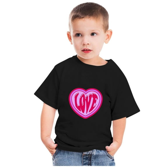 naisibaby Toddler Boys Girls Solid Color Round Neck T-Shirt, Kids Love Printed Short Sleeve Cotton Casual Daily Top Black 7-8 T