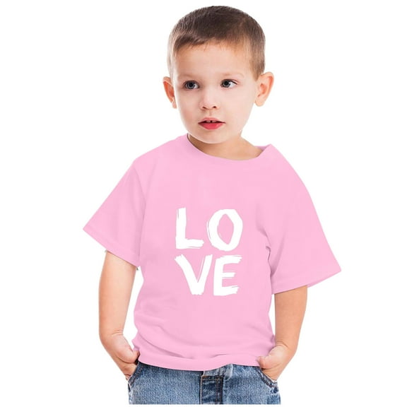 naisibaby Toddler Boys Girls Solid Color Round Neck T-Shirt, Kids Love Printed Short Sleeve Cotton Casual Daily Top Pink 5-6 T