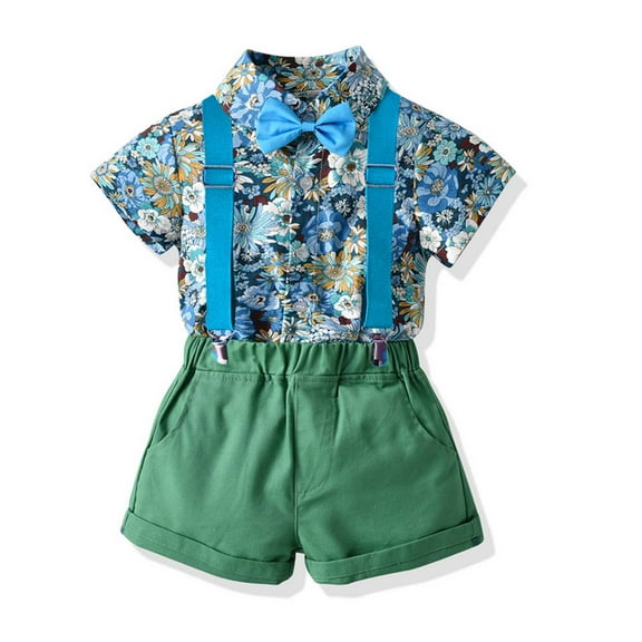 naisibaby Toddler Boys Short Sleeve Strap Shorts Suit, Kids Bow Floral Printed Shirts Shirt Shorts Photography Performance Set Blue 3 T