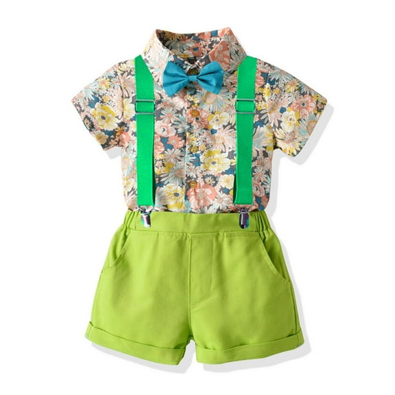naisibaby Toddler Boys Short Sleeve Strap Shorts Suit, Kids Bow Floral Printed Shirts Shirt Shorts Photography Performance Set Green 6-12 Months