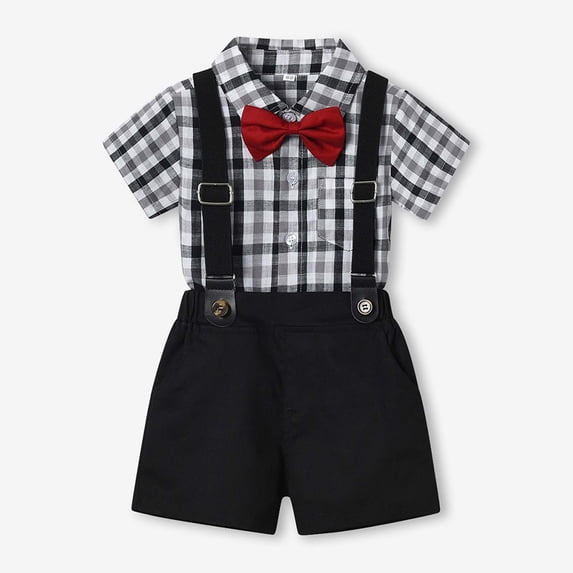 naisibaby Toddler Boys Short Sleeve Strap Shorts Suit, Kids Gentleman Bow Shirt Shorts Photography Performance Set Black 12-18 Months