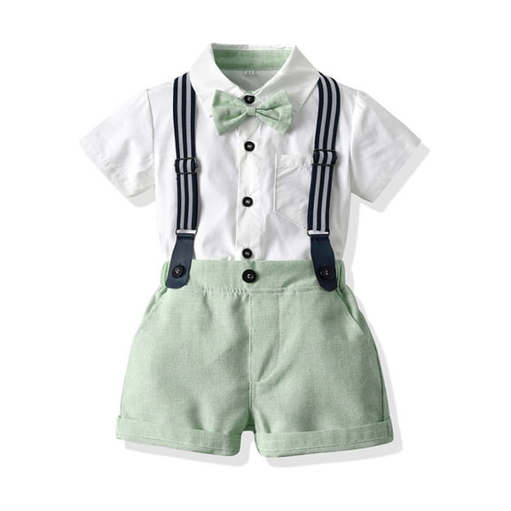 naisibaby Toddler Boys Short Sleeve Strap Shorts Suit, Kids Gentleman Bow Shirt Shorts Photography Performance Set Green 3 T