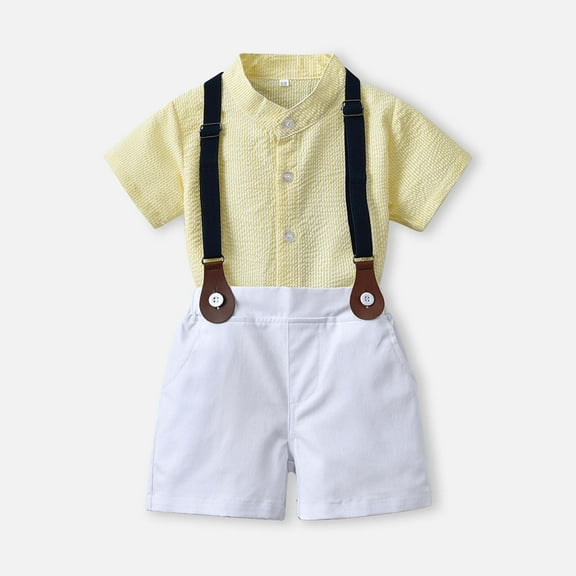 naisibaby Toddler Boys Short Sleeve Strap Shorts Suit, Kids Gentleman Shirt Shorts Photography Performance Set Yellow 4 T