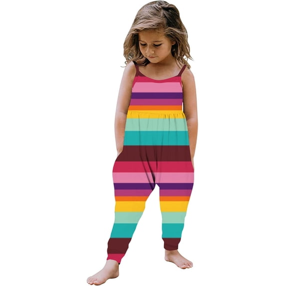 naisibaby Toddler Girls Summer Sleeveless Casual Romper, New Rainbow Color Stripe Printed Jumpsuit Red 3T
