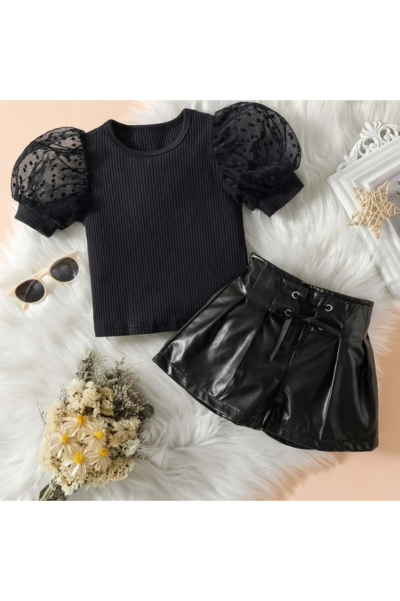 Toddler Kids Baby Girls Summer Outfits, Puff Sleeve Solid Color Tops Shorts Set Black 6-7 T