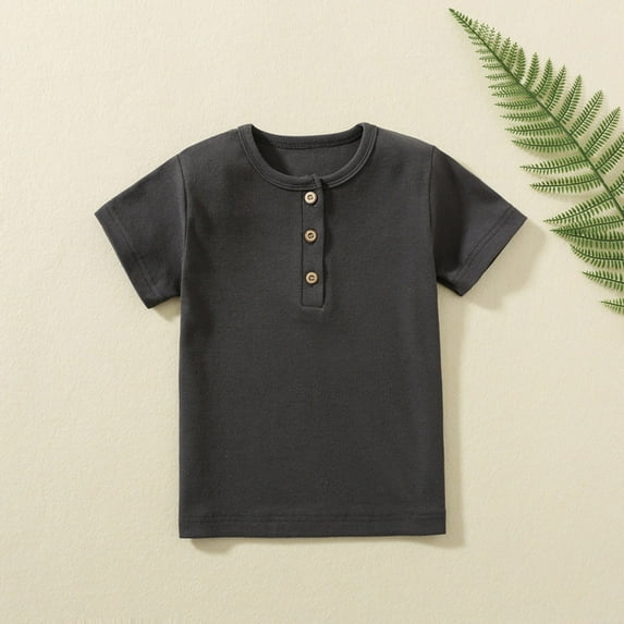 naisibaby Toddler Kids Boys Girls Fashion Comfortable T-Shirt, Baby Solid Color Button Round Neck Short Sleeve Top Dark Gray 5 T