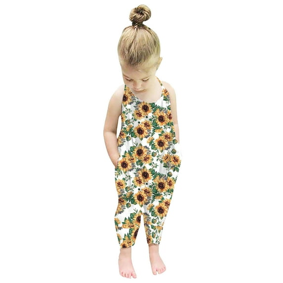 naisibaby Toddler Kids Girls Summer Cute Sleeveless Romper, Baby Flower Printed Suspenders Jumpsuit Yellow 1T