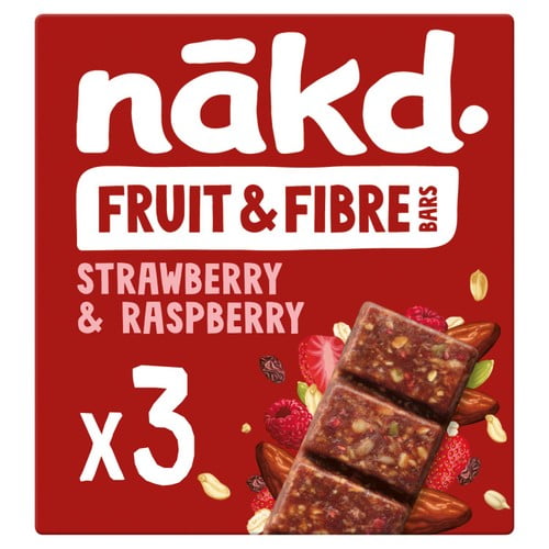 nakd. Fruit & Fibre Strawberry & Raspberry Bars 3 x 44g, British Import (Pack of 3)