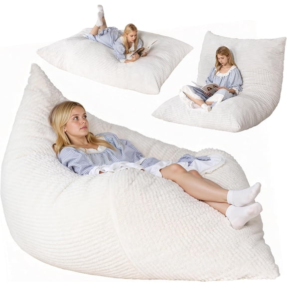 nalone 6.4 FT Giant Bean Bag Chair for Adults, 4 in 1 Memory Foam Filled Beanbag Chair, Floor Sofa Bed with Fluffy Washable Flannel Cover, Lounge Couch for Bedroom, Living Room (White)