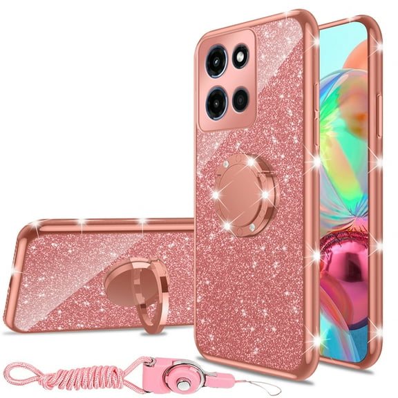 nancheng for 6.7-inch Motorola Moto G Stylus 5G 2025 Phone Case Girls Women Cute Glitter Luxury Soft Silicone Clear Case with Ring Stand Strap Lanyard Shockproof Protection Cover - Rose Gold