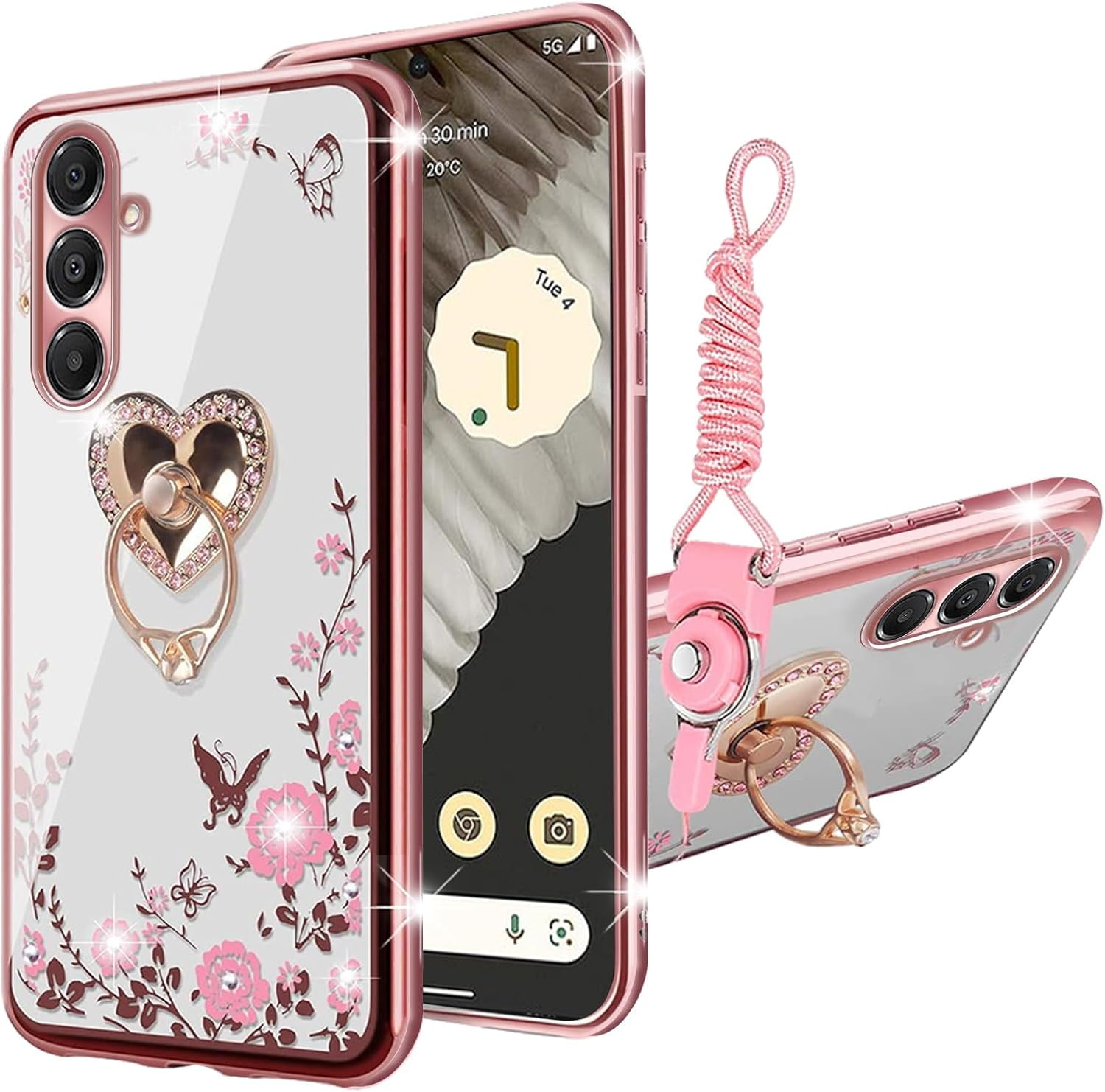 nancheng for (6.7-inch) Samsung Galaxy A16 5G Phone Case Cute Girls Women Soft Silicone Pink Case with Ring Holder Shockproof Protection Cover - Rose Butterfly