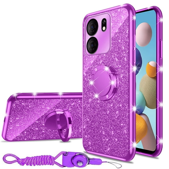 nancheng for BLU View 5 (B160V) Case Girls Women Cute Glitter Soft TPU Phone Case with Ring Stand Strap Lanyard Bumper Shockproof Protective Cover - Purple