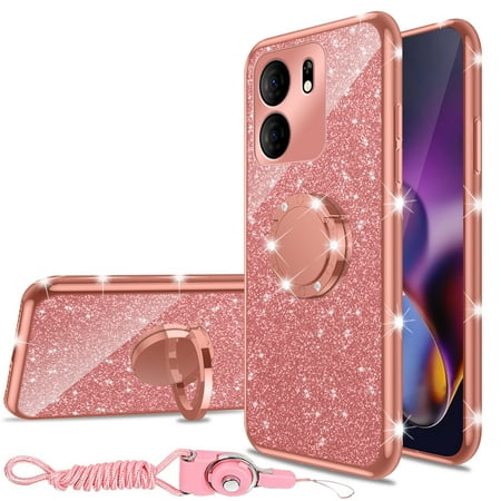 nancheng Case for BLU View 5 / B170D Phone Case Luxury Cute Soft TPU Silicone Glitter Cover for Women with Ring Kickstand Bumper Shockproof Protective Case - Rose Gold