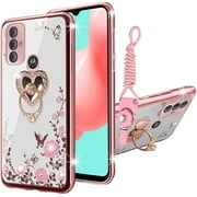 nancheng Case for Moto G Power 2022/Moto G Pure 6.5" Luxury Cute Glitter Soft TPU Cover for Girls Women with Kickstand Lanyard Shockproof Protective Phone Case - Rose Butterfly