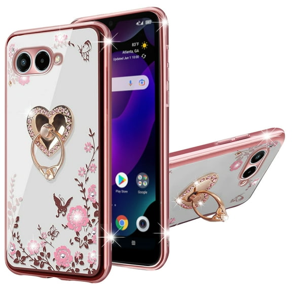nancheng Case for T-Mobile Revvl 8 5G Luxury Cute Glitter Soft TPU Cover for Girls Women with Kickstand Lanyard Shockproof Protective Phone Case - Rose Butterfly