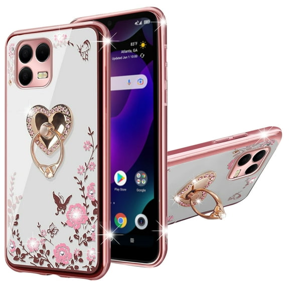 nancheng Case for T-Mobile Revvl 8 Pro Luxury Cute Glitter Soft TPU Cover for Girls Women with Kickstand Lanyard Shockproof Protective Phone Case - Rose Butterfly