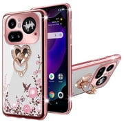 nancheng Cute Case for Nothing Phone 4A Pro Women Girls Flower Clear Phone Case, Pink TPU Bumper Shockproof Protetion Cover with 360  Rotatable Ring Kickstand Lanyard, Rose Butterfly