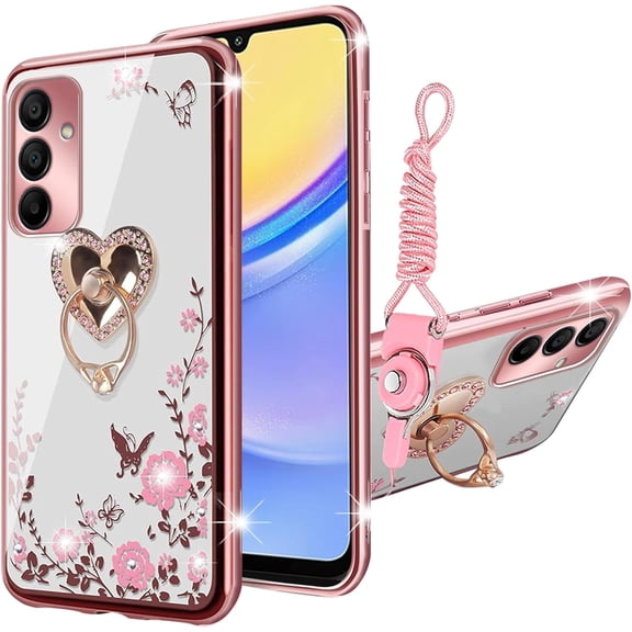 nancheng Cute Case for Samsung Galaxy A57 5G Girls Women Flower Clear Phone Case, Pink TPU Bumper Shockproof Protetion Cover with 360 Rotatable Ring Kickstand Lanyard, Rose Butterfly