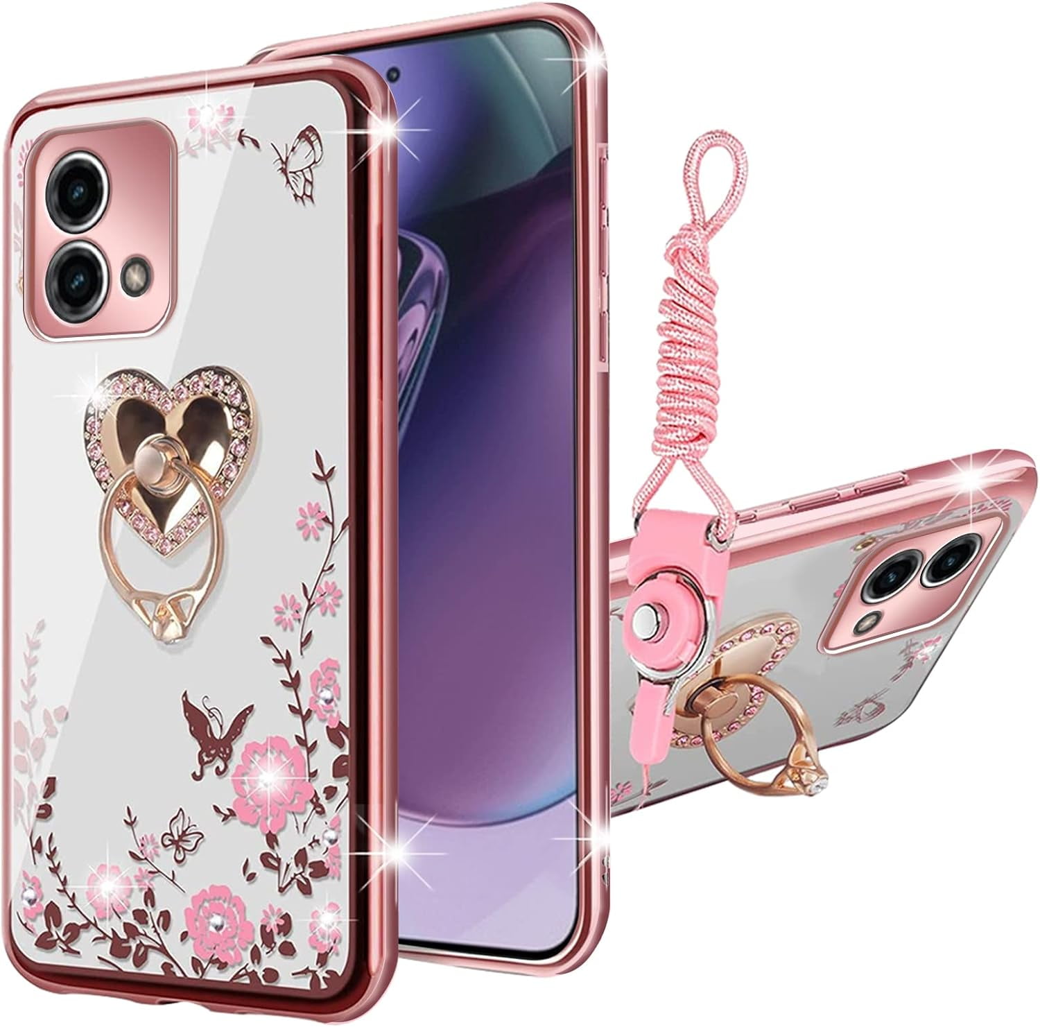 nancheng Kickstand Cell Phone Case with Lanyard Strap for Motorola Moto G Stylus, Rose Butterfly