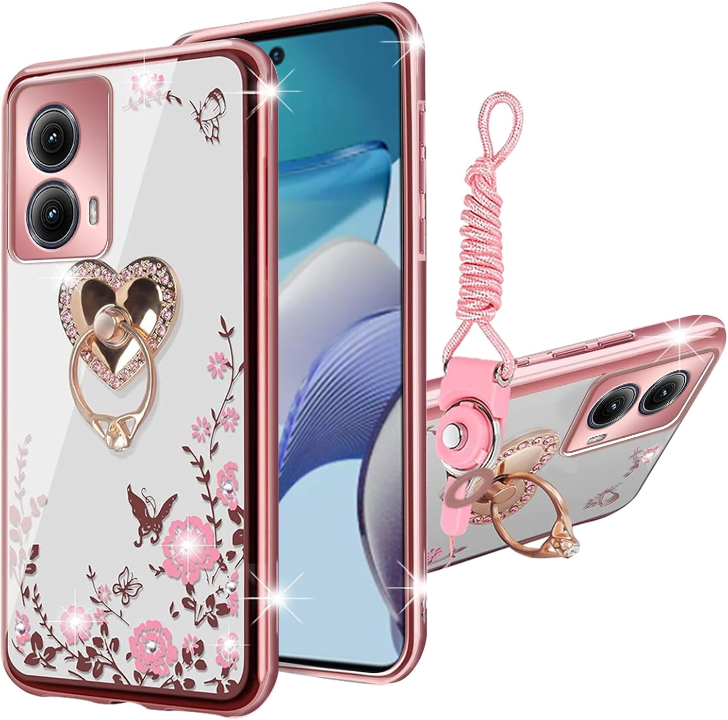 nancheng Phone Case for Motorola Moto Edge 5G (2024)  Cute Soft TPU Cover for Girls Women with Heart Kickstand Lanyard Shockproof Protective - Rose Butterfly