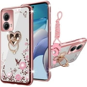 nancheng Phone Case for Motorola Moto Edge 5G (2024) Cute Soft TPU Cover for Girls Women with Heart Kickstand Lanyard Shockproof Protective - Rose Butterfly