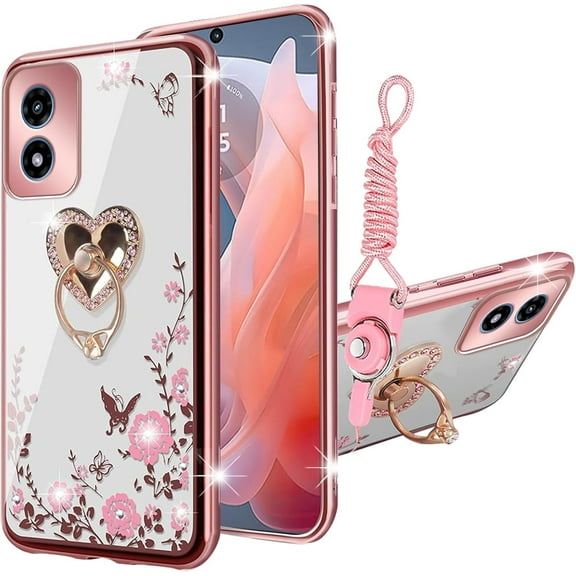 nancheng Phone Case for Motorola Moto G Play 4G (2024) Cute Soft TPU Cover for Girls Women with Heart Kickstand Lanyard Shockproof Protective - Rose Butterfly