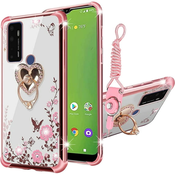 nancheng Phone Case for Cricket Dream 5G Cute Soft TPU Cover for Girls Women with Heart Kickstand Lanyard Shockproof Protective - Rose Butterfly