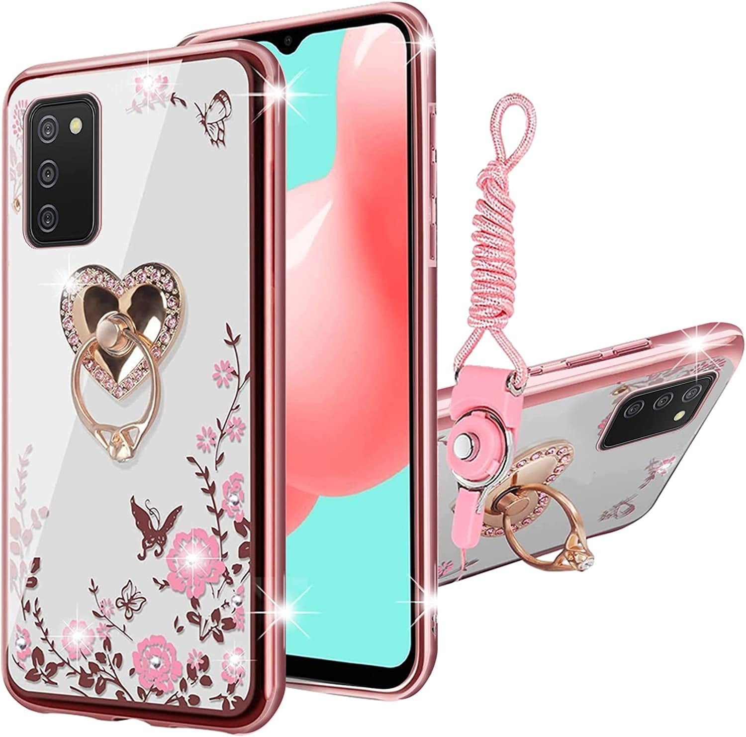 Nancheng Kickstand Slim Cell Phone Case for Samsung Galaxy A03S, Rose Butterfly