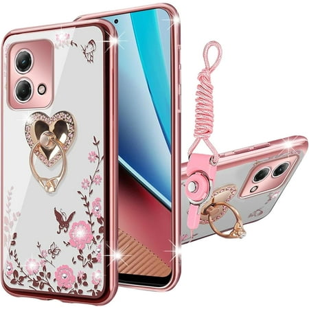 nancheng Rose Butterfly Case for Moto G Stylus 4G 2023 with Ring Kickstand & Lanyard Strap