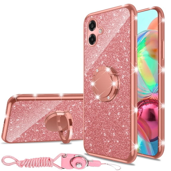 nancheng for Samsung Galaxy A07 Phone Case Cute Bling Women Girls Glitter Phone Cover, TPU Bumper Shockproof Protetion Case with 360 Rotatable Ring Kickstand Lanyard, Rose Gold