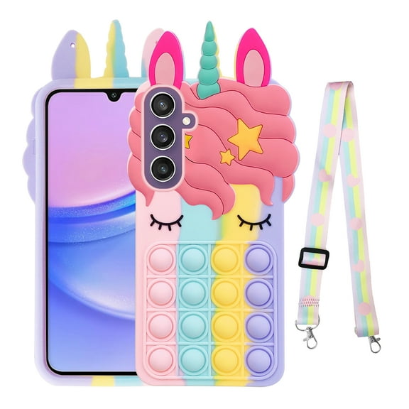 nancheng for Samsung Galaxy S23 FE Phone Case Girls Women Cute Cartoon Silicone Bubble Push Pop Funny Toys with Strap Lanyard Shockproof Protective Case - Rainbow