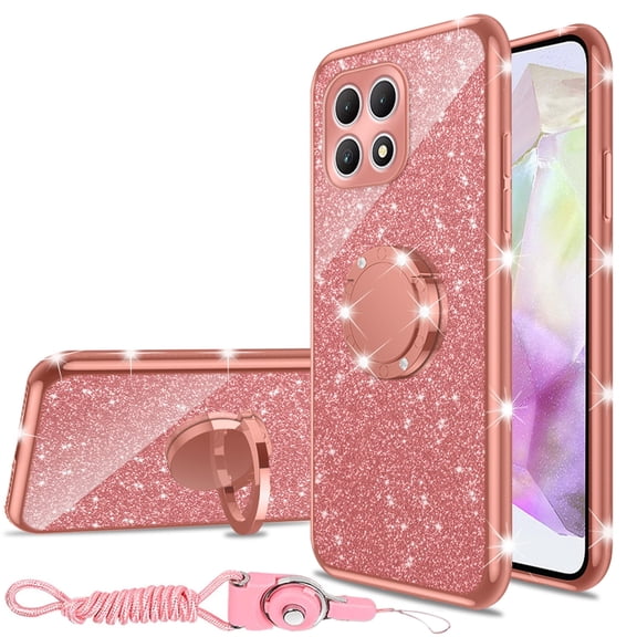 nancheng for T-Mobile Revvl 7 5G Case, for T-Mobile T Phone 2 5G Phone Case Women Cute Soft Silicone Glitter Cover with Ring Kickstand Shockproof Protective Case - Rose Gold