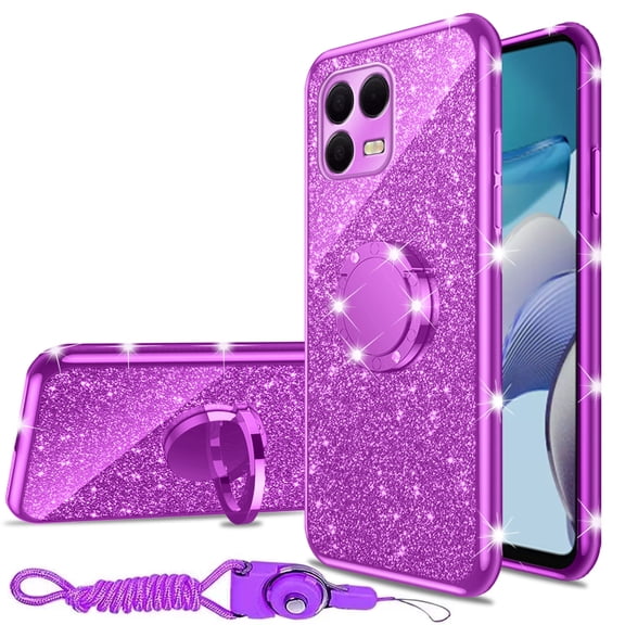 nancheng for T-Mobile Revvl 8 Pro Case Girls Women Cute Glitter Soft TPU Phone Case with Ring Stand Strap Lanyard Bumper Shockproof Protective Cover - Purple