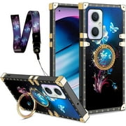 nancheng for OnePlus Nord N20 5G Square Case EB2103 Girls Women Butterfly Black Shockproof Protective Cover with Ring Stand Lanyard Strap