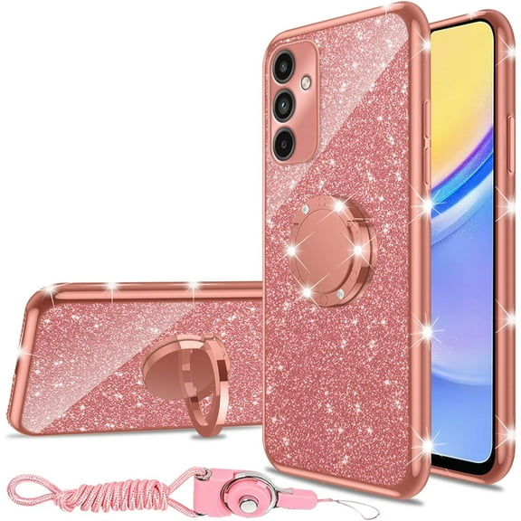 nancheng Shockproof Cell Phone Case for Samsung Galaxy A15 5G with Heart Ring Stand, Rose Butterfly