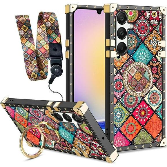 nancheng for Samsung Galaxy A25 5G Phone Case with Ring Stand Retro Mandala Flower Shockproof Protection Cover