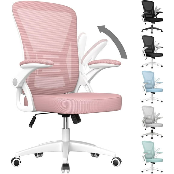 naspaluro Ergonomic Office Chair, Computer Chair with Adjustable Height, Flip-Up Arms and Lumbar Support, Breathable Mesh Desk Chair for Home Study Working (Without Headrest, Pink)