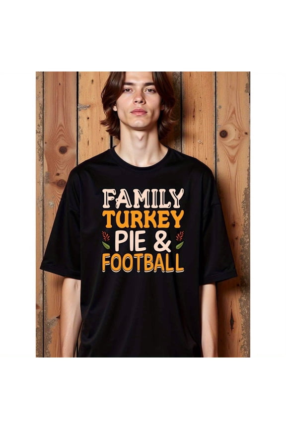natee Family, Turkey, Pie & Football Thanksgiving T-shirt, man's T-Shirt,Cotton Fabric,Crew Neck,Short Sleeve,Regular Fit,All-Season Casual Wear,180gsm-Ideal f